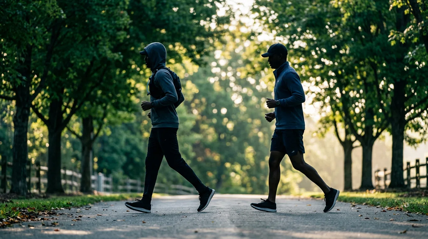 Twee anonieme mannen wandelen actief op een pad in de ochtend - prostaatgezondheid voeding en beweging